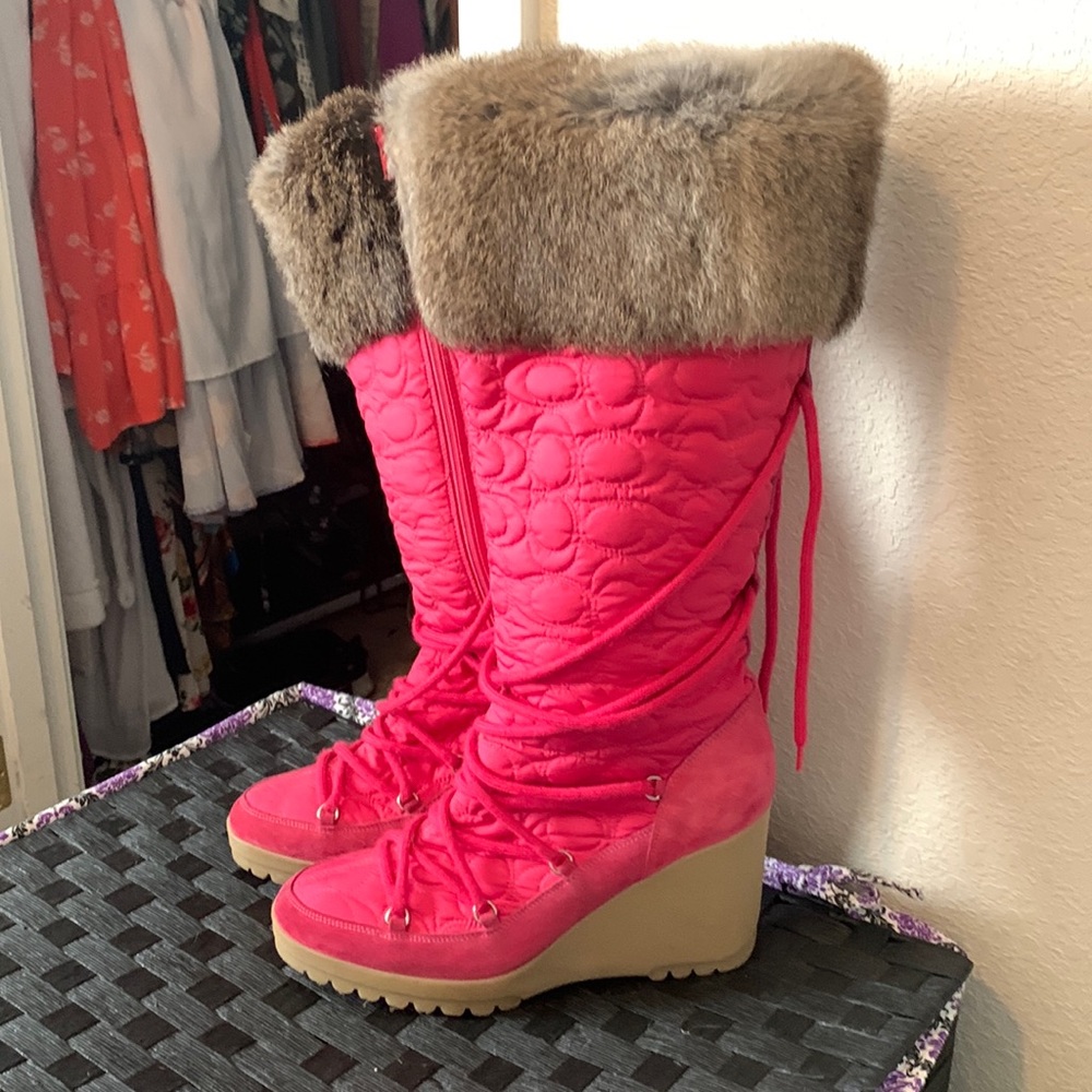 Coach Sofie quilted pink rabbit fur wedge boots. Size 10. Worn only once.